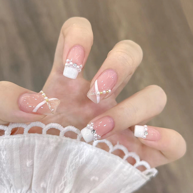 Wear Nail Milky White Gradient Crooked Peach Heart Nail Sticker