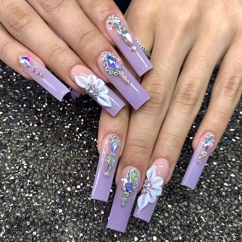 Nail Stickers Gradient White Petals Rhinestone Purple