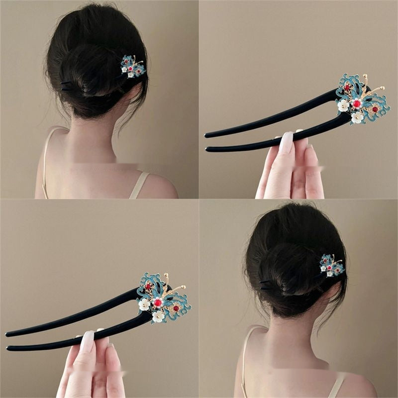 Classical Enamel Butterfly Hairpin New Chinese Style U-shaped