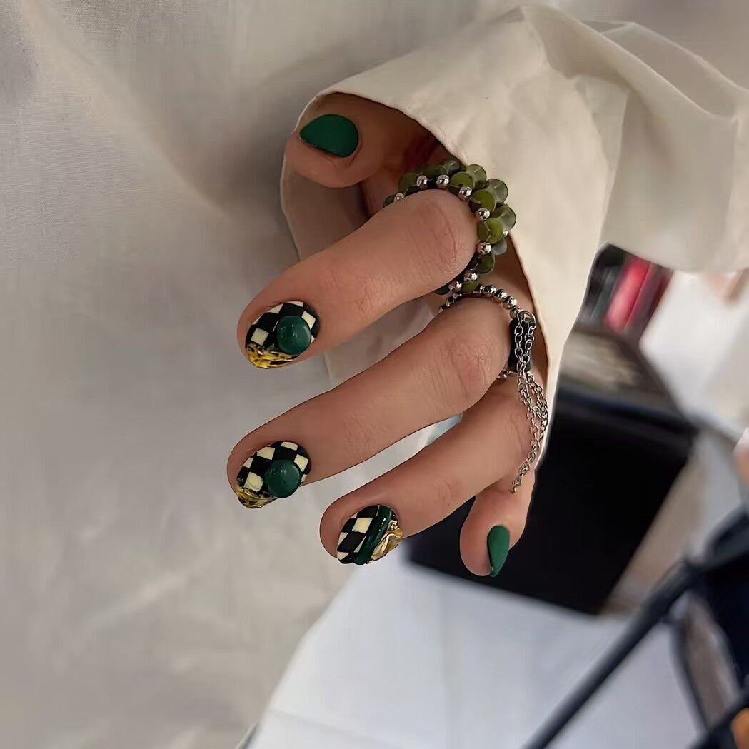 XS Green White Hand-worn Armor Chessboard Grid Dark Green Matte Nail Stickers