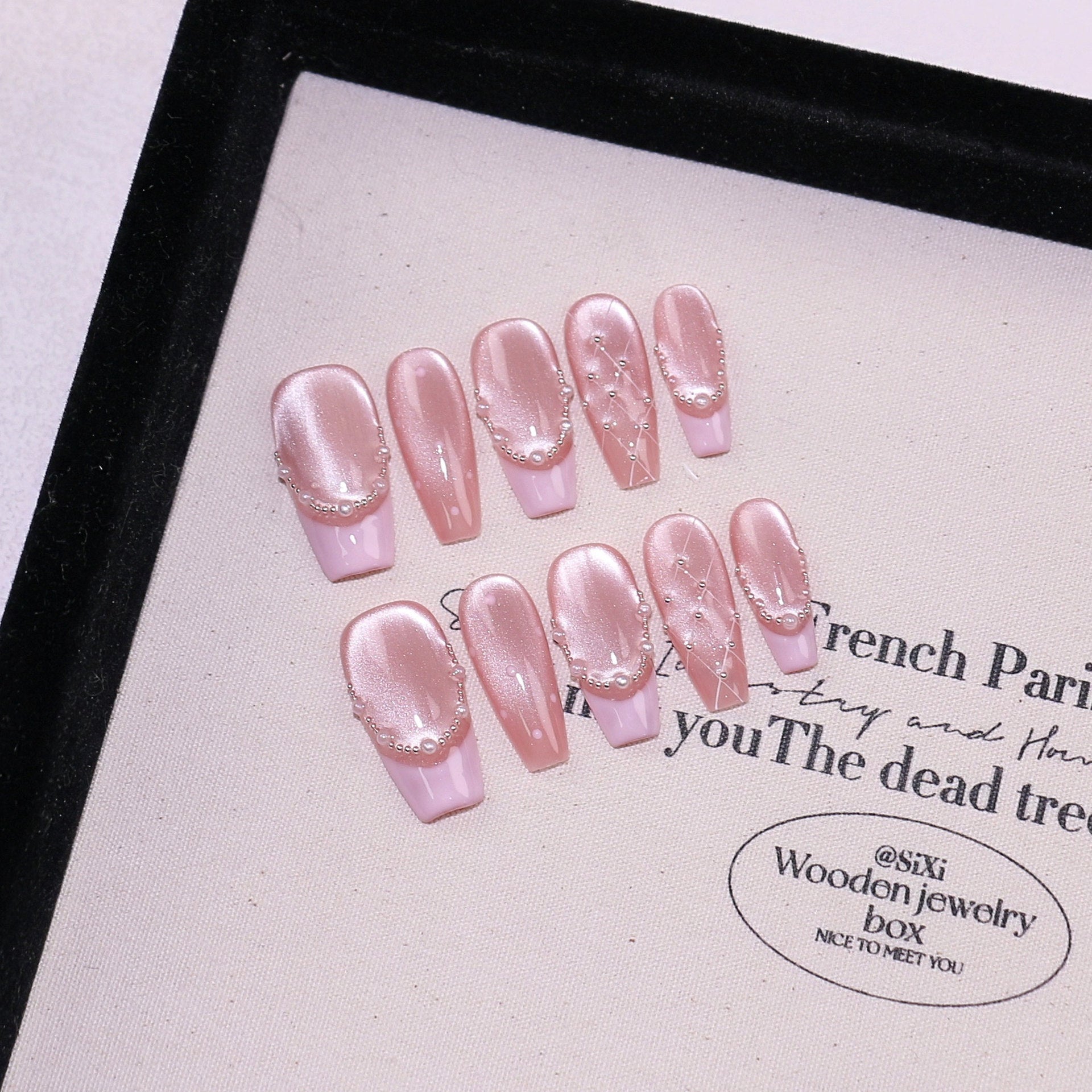 French Pearl Herringbone Cat Eye Detachable Nail Stickers
