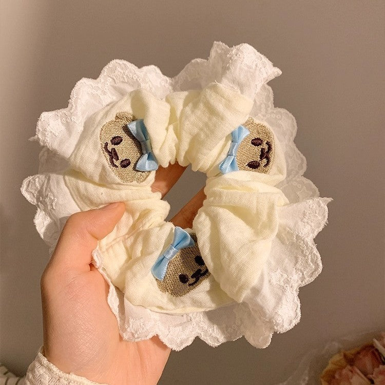 Cute Bear Blue Bow Lace Large Intestine Hair Ring