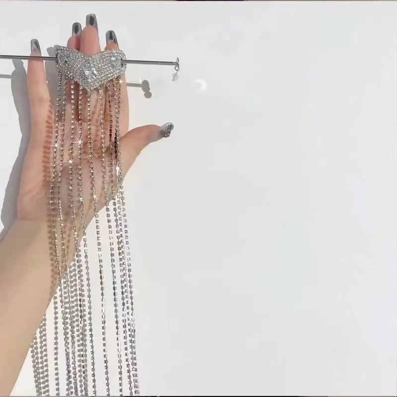 Heart-shaped Niche With Long Tassel Rhinestone Chain Hairpin