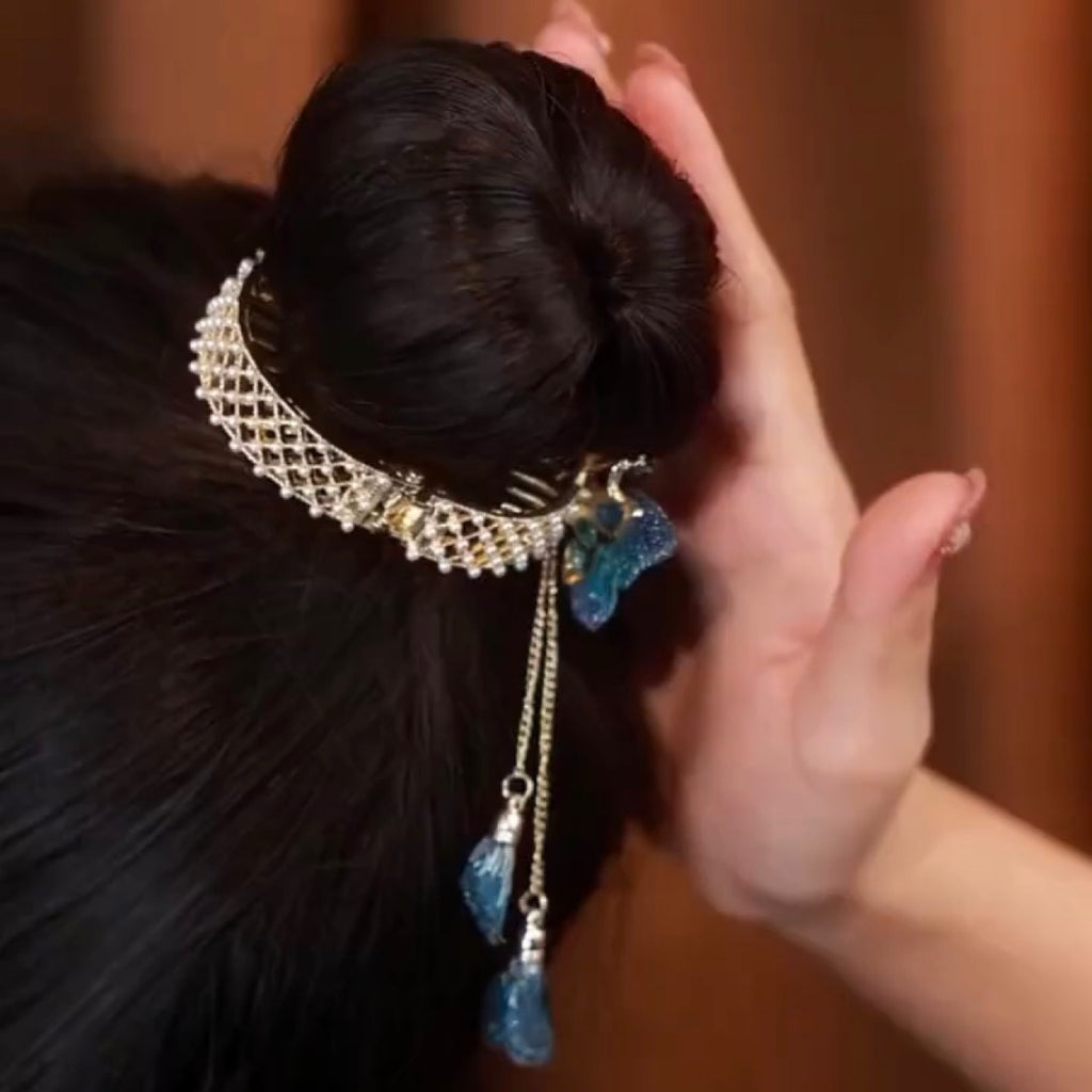 Embroidered Butterfly Ponytail Buckle Zircon Tassel Grip Clip