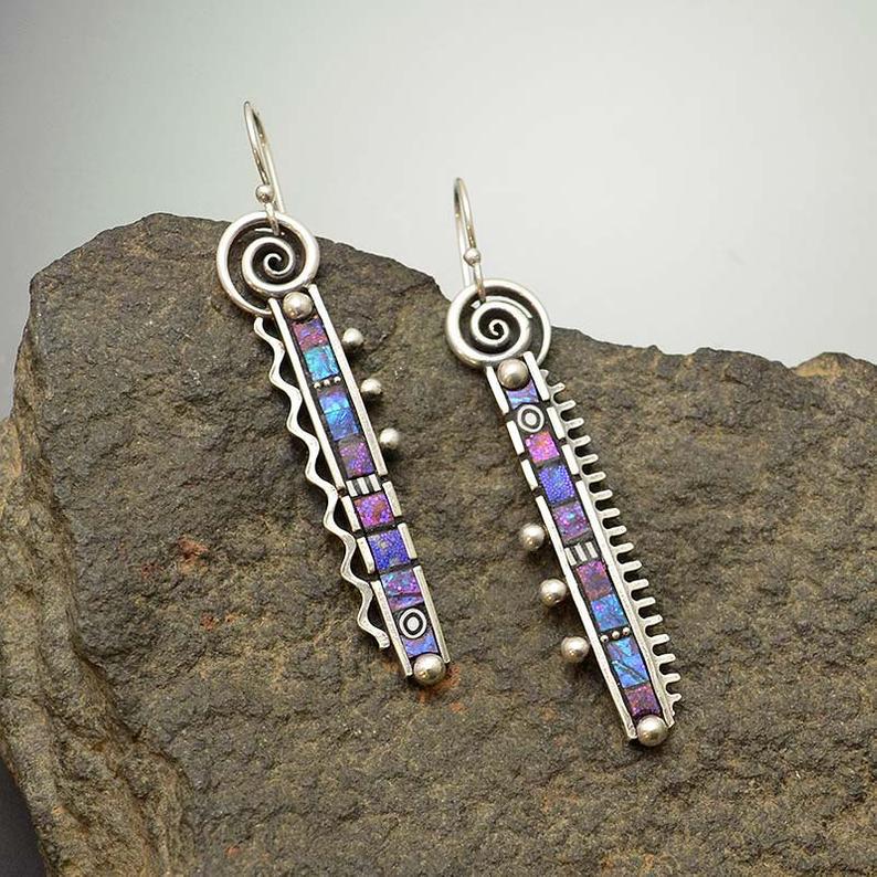 925 Silver-plated Long Comb Tooth Abstract Rainbow Earrings Creative Zigzag Rainbow Purple Blue Earrings