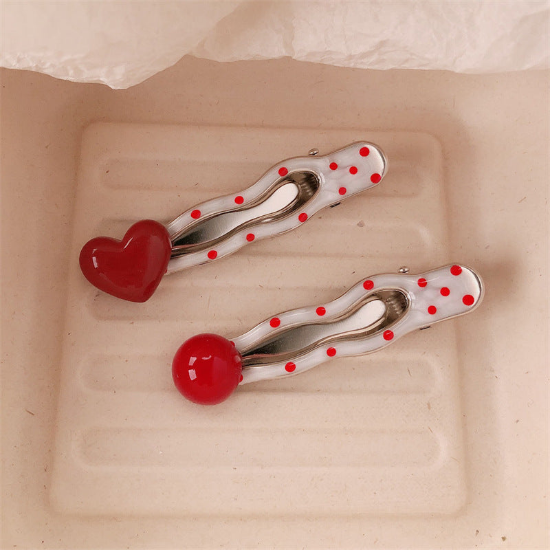 Red Stereo Love Heart-shaped Hairpin French Retro Dots Willow Leaf Clip