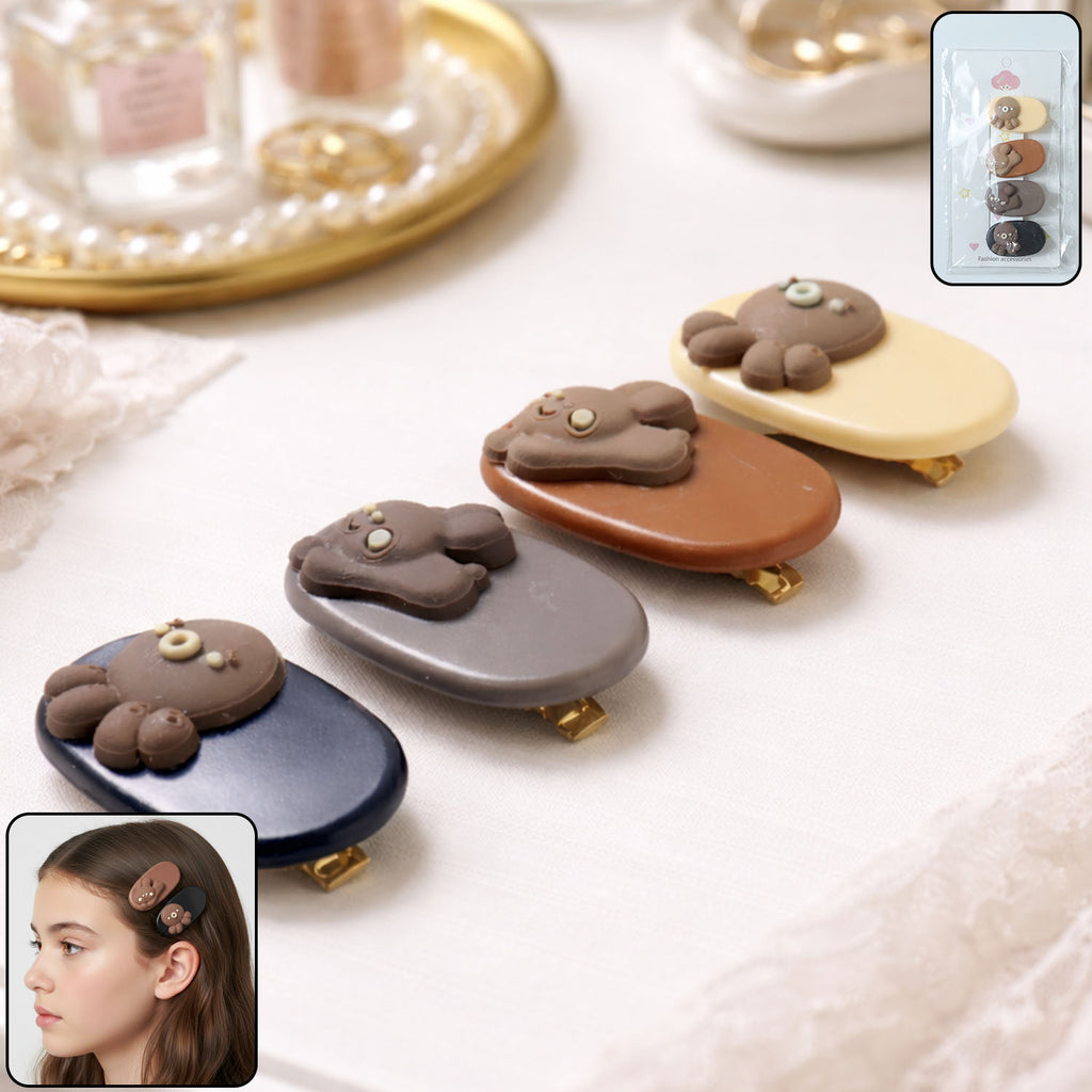 Cute Cartoon Bear Design Hair Clip Set (4 Pc)